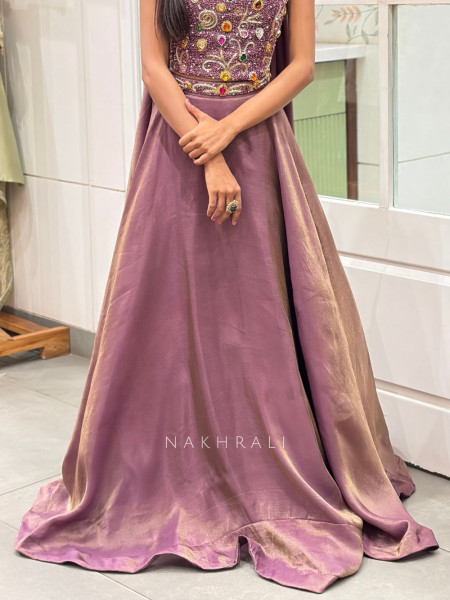 Urban Flare Wine Indo-Western Lehenga Set with Cut Dana and Stone Work