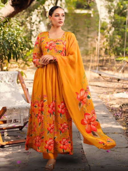 Gulzaar  Yellow Organza Anarkali Suit Set with Floral Print