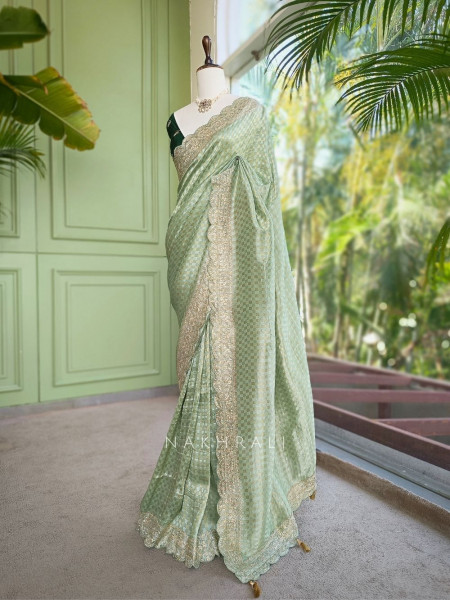 Noor-e-Tarang Pista Green Checks Weaved Saree with Embroidered Border
