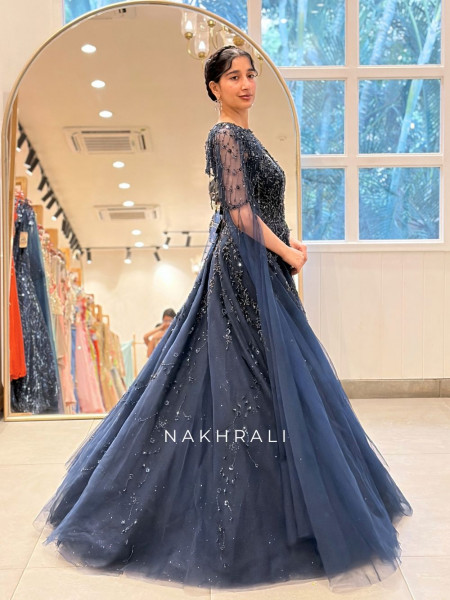 Sky Whisper Blue Sparkly Tulle Indo Western Gown