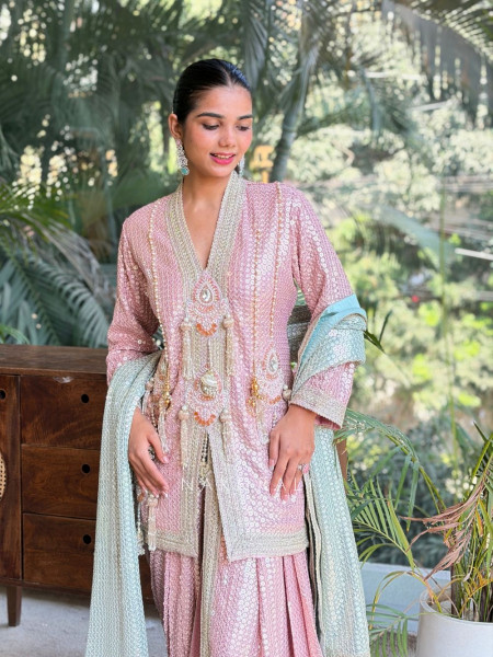 Noorveen Pink Sequin Dhoti & Kurta Set with Contrast Dupatta