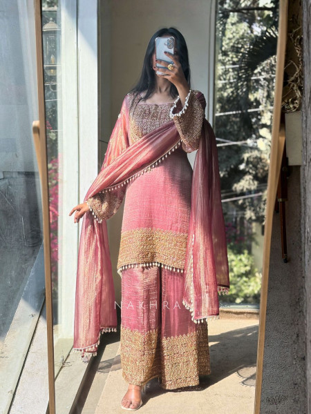 Zoya Pink Tissue Suit Set with Zari Work