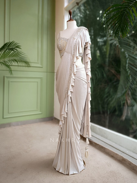 Pearl Dust Cream Drape Saree with Sequin Work