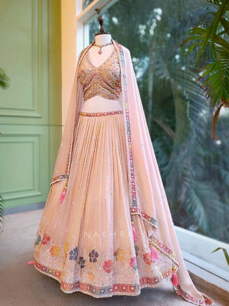 Elara Peach Embroidered Net Lehenga