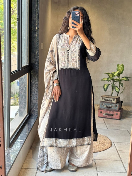 Kiyora Black Printed Kurta Palazzo Set with Floral Dupatta