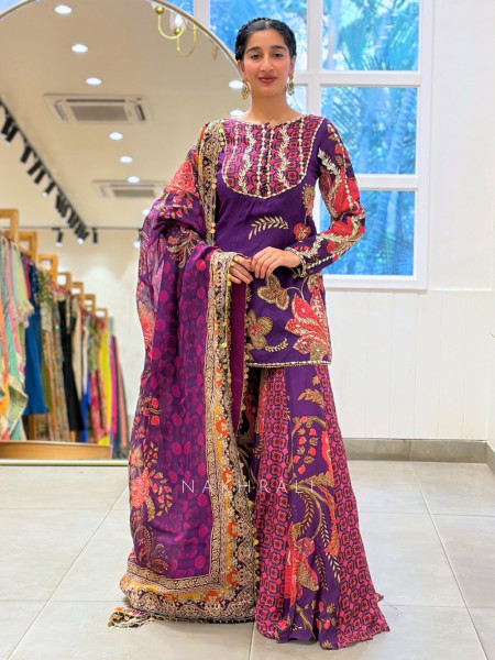 Guzarish Purple Silk Sharara Suit Set with Floral Zardozi & Mirror Work