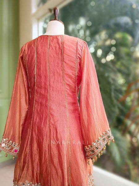 Amaya Peach Tissue Dhoti Kurta Set with Mirror and Gota Patti Work