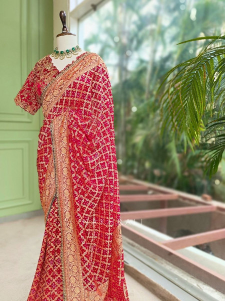 Trishna Red Georgette Silk Blend Saree With Bandhani & Banarasi Zari Work