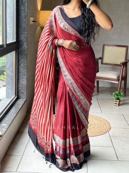 Dhani Red Modal Silk Saree With Ajrakh Print