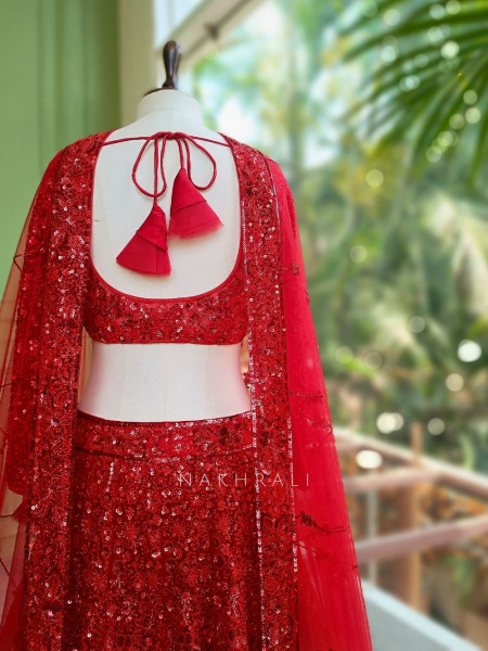 Kavika Red Net Lehenga with Sequin and Cut Dana Work