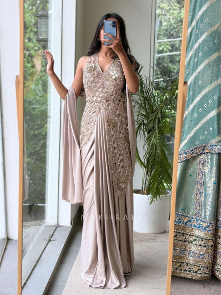 Aurelia Lattice Brown Drape Saree
