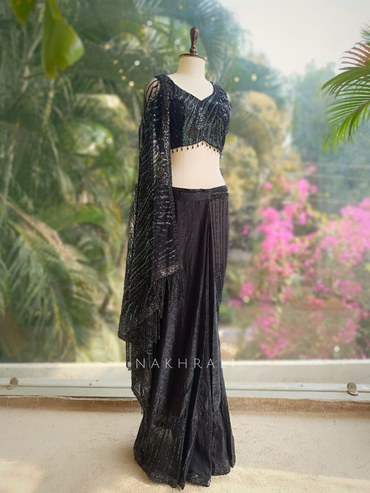Image of Nyxara Black Drape Saree with Sequin Work