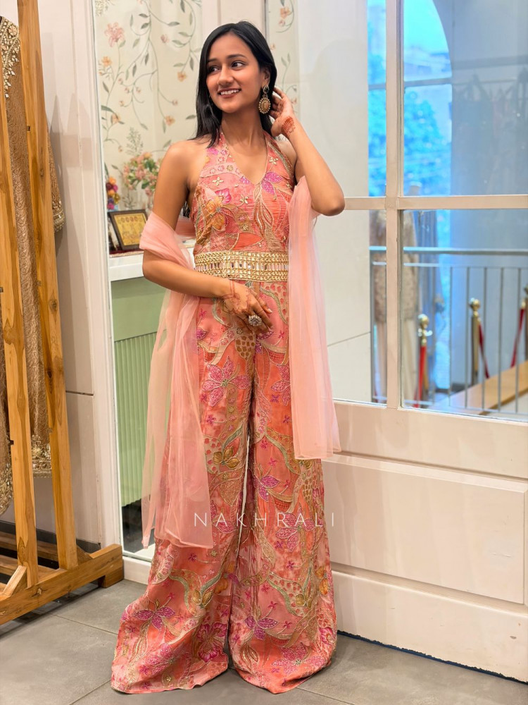 Image of Kavrie Pink Floral Jumpsuit with Embroidery and Mirror Work