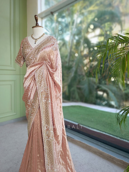 Serenique Peach Shimmer Silk Blend Saree