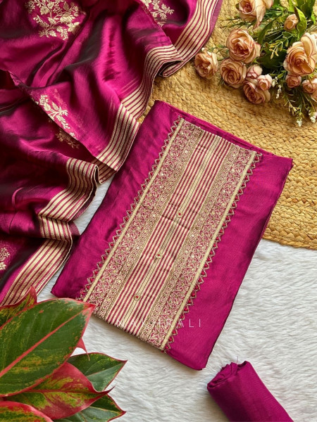 Wine Zari Weaved Dress Material with Sequin Work