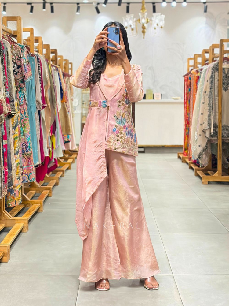 Image of Tivana Pink Jacket Set with Floral Embroidery