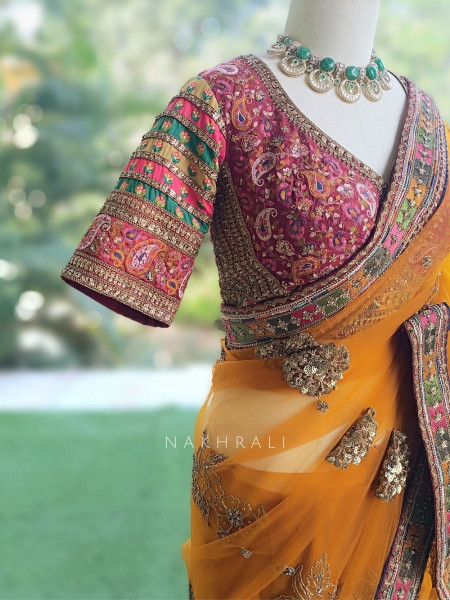 Orange Net Saree with Embroidered Blouse