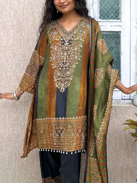 Aranya Rust-Olive Printed Silk Salwar Suit Set