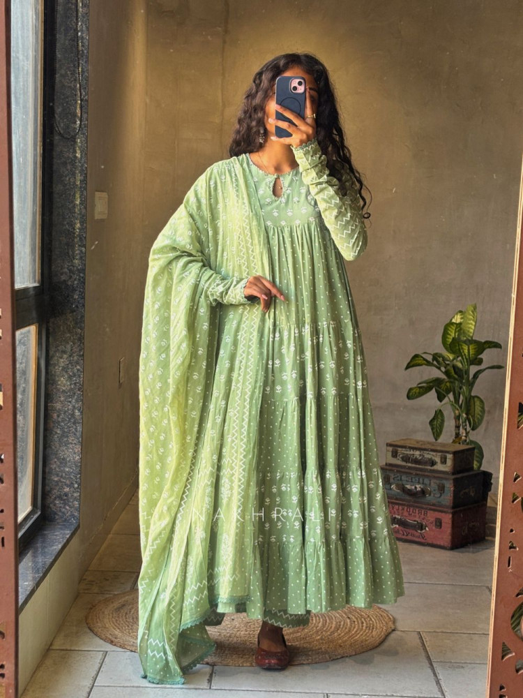 Image of Mireya Green Cotton Anarkali Suit Set with Printed Design