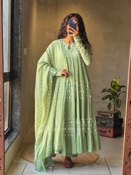 Mireya Green Cotton Anarkali Suit Set with Printed Design