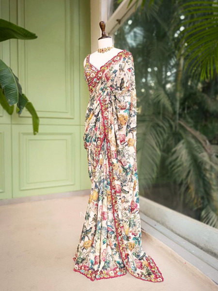 Maroon Crepe Silk Embroidered Saree with Readymade Blouse