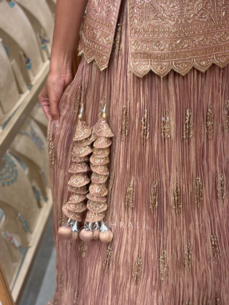 Cressida Peach Shimmer Tissue Indo-Western Lehenga