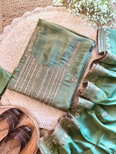 Reeva Dress Green Material with Sequin Handwork