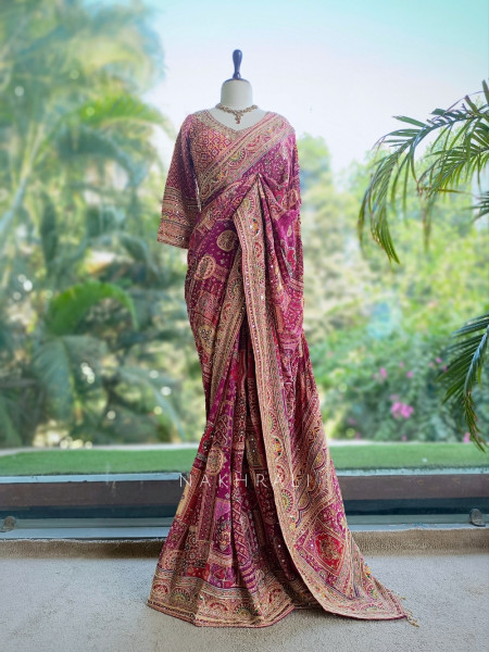 Guzel Wine Gajji Silk Saree with Mosaic Print