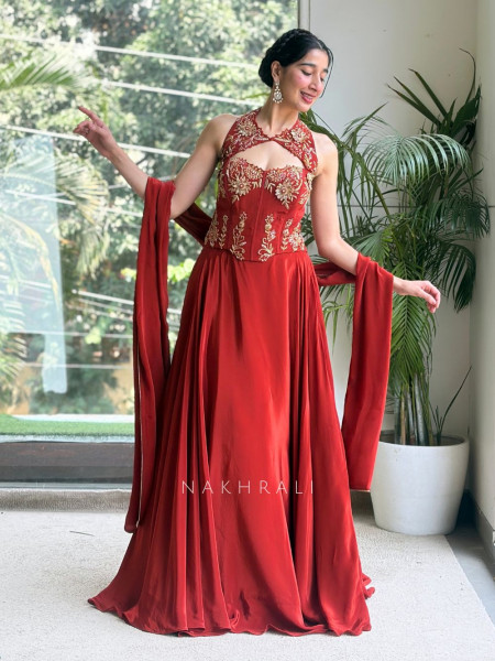 Scarlet Rust Raw Silk & Georgette Corset Lehenga Set