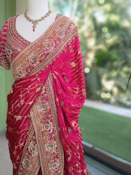 Kaanch-Kaseeda Magenta Saree with Readymade Blouse