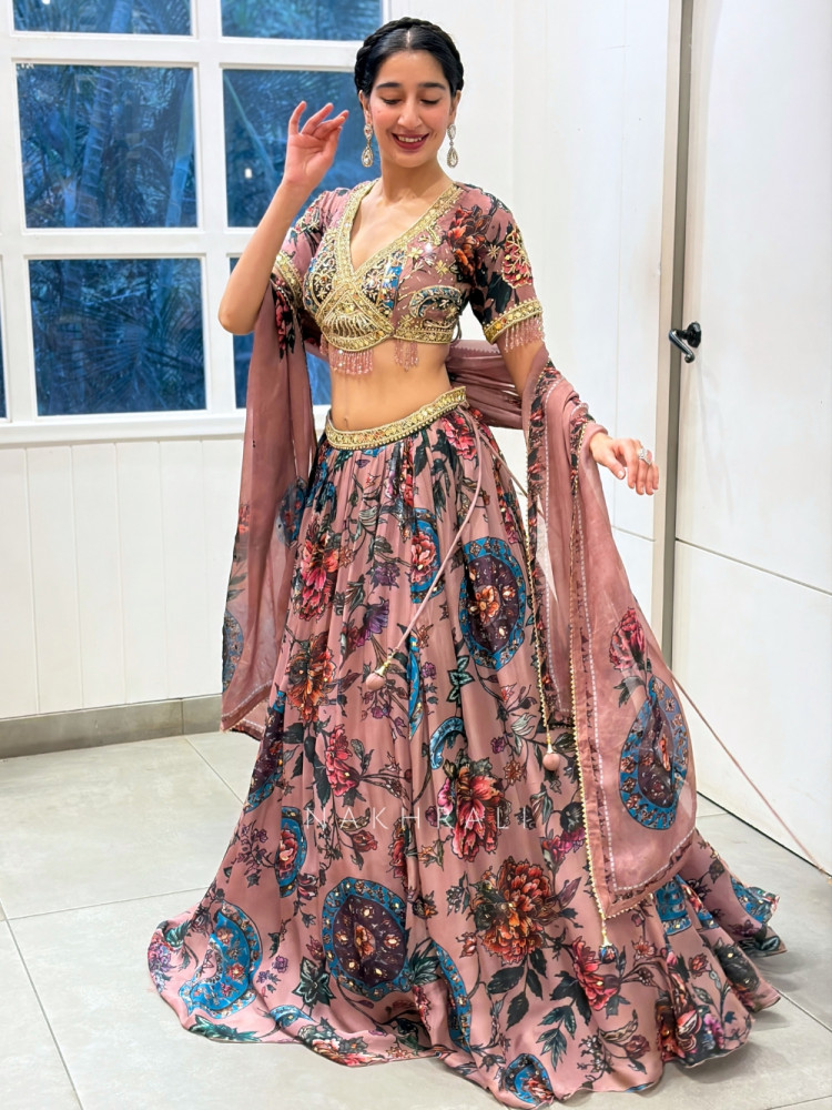 Image of Kavyanjali Onion Pink Organza Silk Floral Printed Lehenga Set with Mirror, Gota &amp; Crystal Bead Work