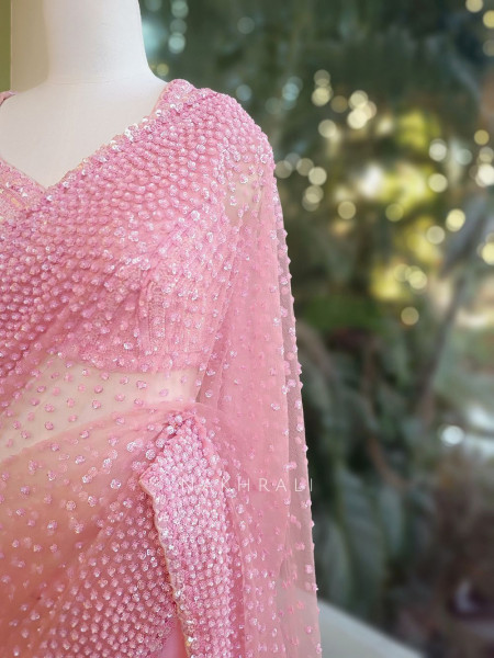 Chandelier Pink Net Saree with Sequin and Cut Dana Blouse