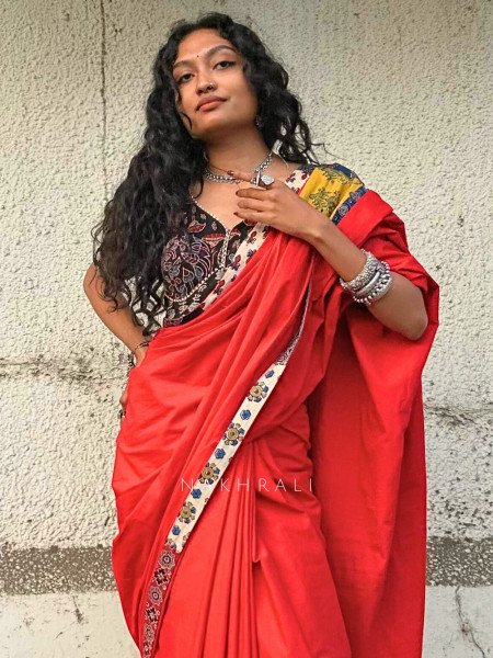 Sootra Red Cotton Saree with Patchwork Border