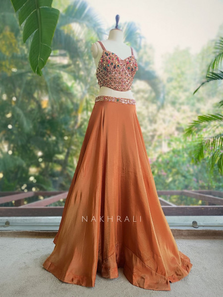 Ravaeya Rust Corset Indo-Western Lehenga Set with Sequin Work