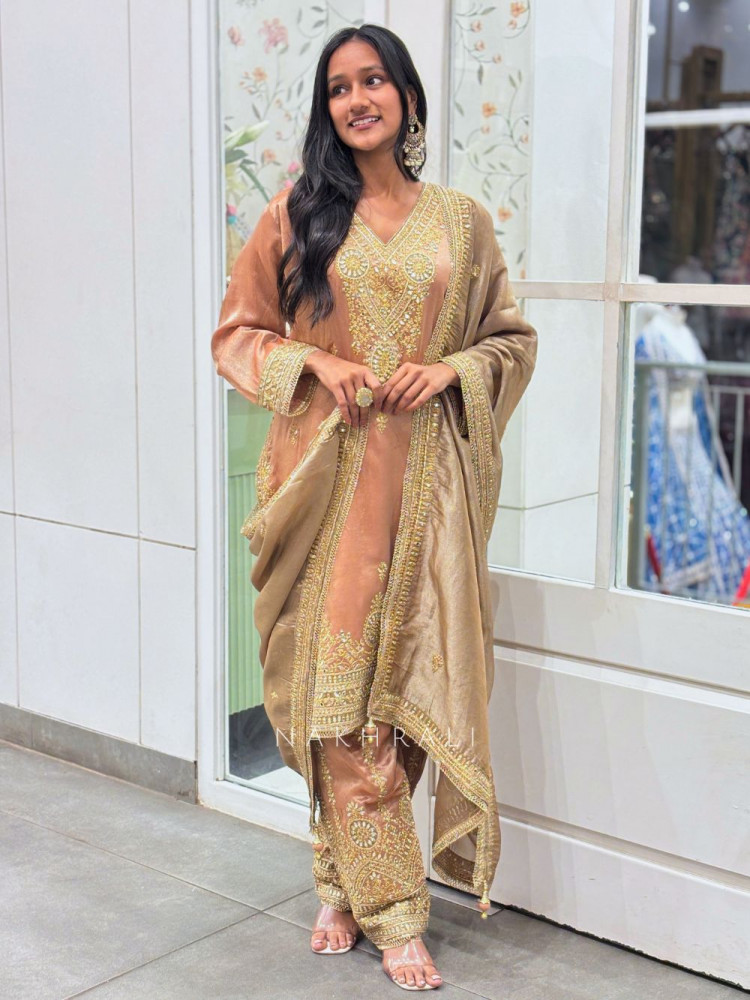 Image of Zaynah Peach Suit Set with Zari Sequin Work