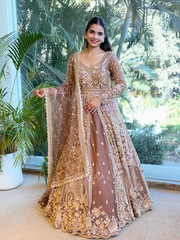 Image of Khwaab Brown Achkan Lehenga Set with Cut Dana and Sequin Work