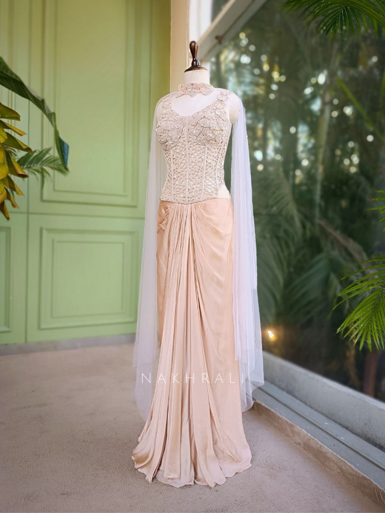 Image of Rishika Beige Corset Style Indo Western Set with Choker Dupatta