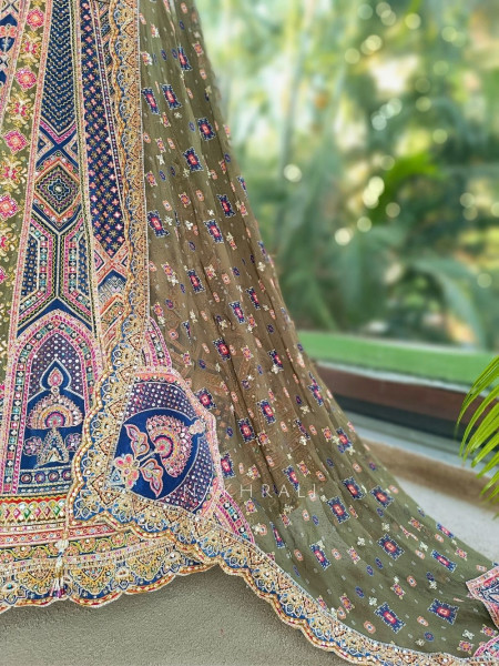 Malika Navy Blue & Green Modal Silk & Gaji Silk Lehenga