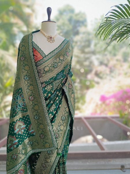 Anant Bindu Green Bottel Bandhani Print Saree with Sequin Border