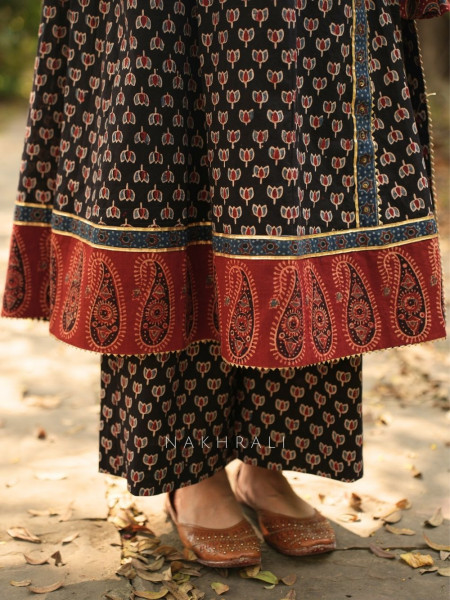 Mirza Black Angrakha Cotton Kurta