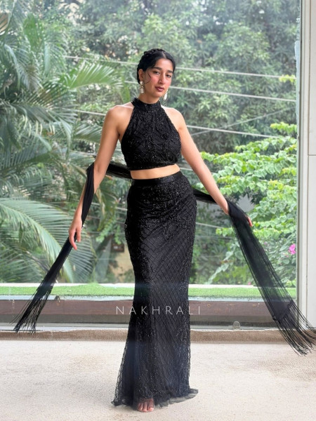 Shabnam Onyx Hand-Beaded Black Indo Western Lehenga