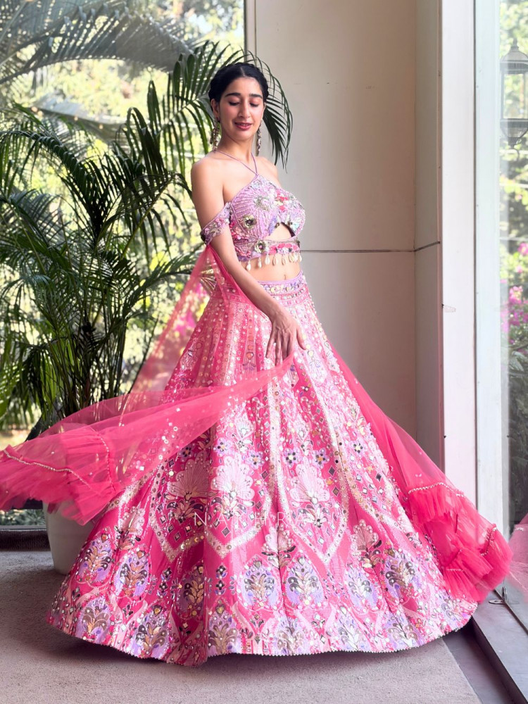 Image of Ira Pink Sequin &amp; Bead Embellished Lehenga Set