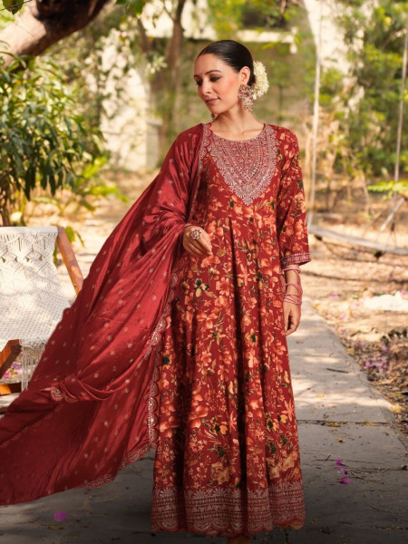Vanya Maroon Cotton Anarkali Set with Zari & Sequin Work