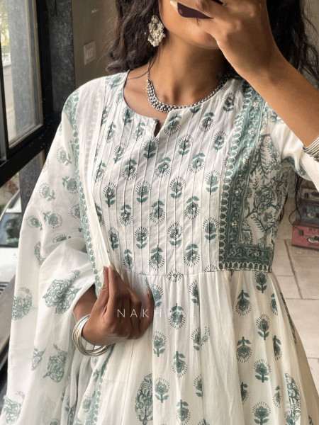 Nerith Green Cotton Suit Set with Floral Block Print