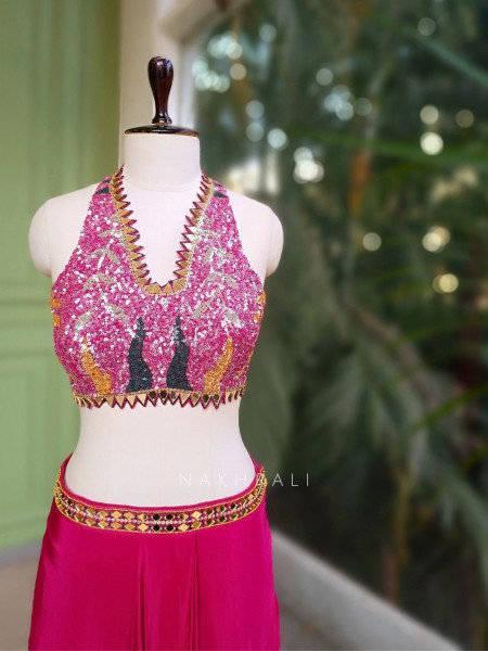 Willow Magenta Halter Indo-Western Set with Cape Shrug