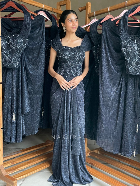 Nishira Black Metallic Shimmer Lycra-Georgette Blend Indo-Western Pre-Draped Set