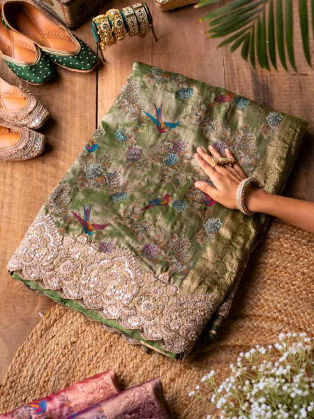 Song of Meadows Green Saree with Zari and Stone Embroidery