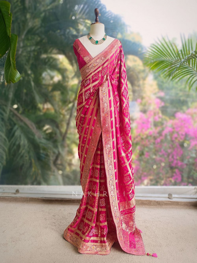 Image of Rangriti Magenta Bandhani Saree with Gota Border