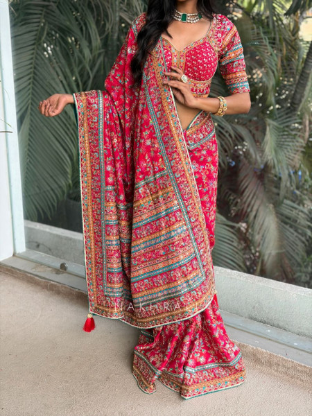 Zehra Red Printed Saree with Zari Sequin Work and Readymade Blouse