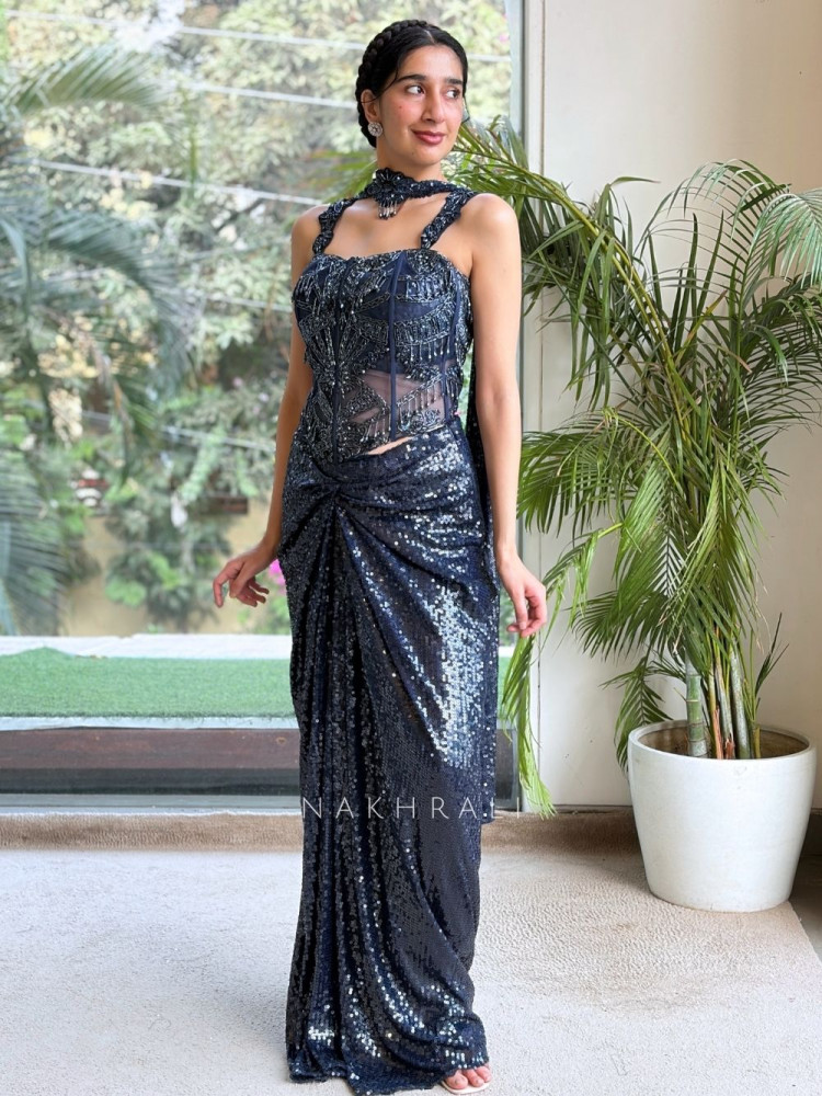 Image of Marine Midnight Blue Indo Western Crop Top Skirt Set